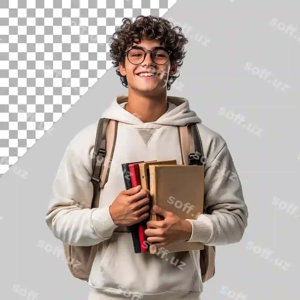 Ko'zoynak taqqan baxtli yigit qo'lida kitoblarni ushlab turibdi | Happy young man wearing sweatshirt glasses is holding books he has