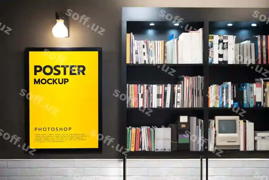 Poster ramka kutubxona xona namunasi | Poster frame library room mockup
