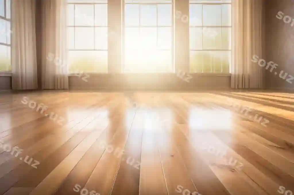 Parvozli yog'ochli qavat derazhlardan keladigan tabiiy yorug'lik bilan yorqinlashadi. | Shiny wooden floor lightnen with natural light from windows