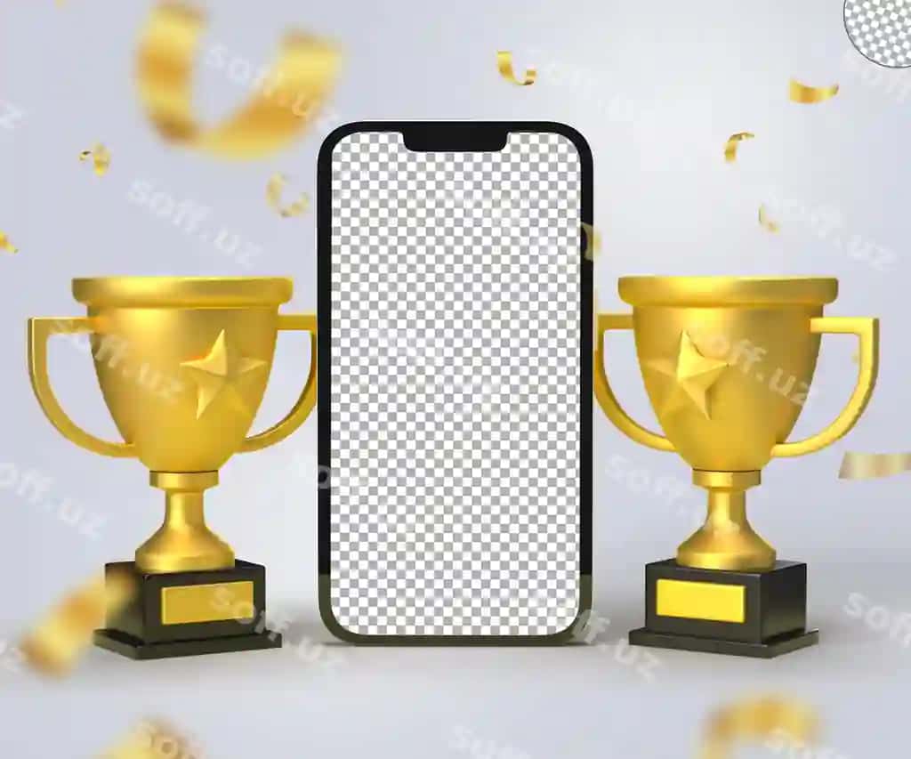 Namuna akillı telefon oltin trofey birinchi o'rin mukofotı | Mockup smartphone with golden trophy first place award