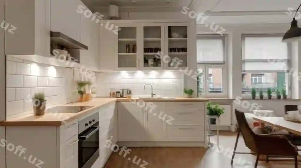 Ichki dekoratsiya qulay oshxona oshxona stoli bilan kichik uy generativ sun'iy intellekt aig27 | Interior design cozy kitchen with dining table small apartment generative ai aig27