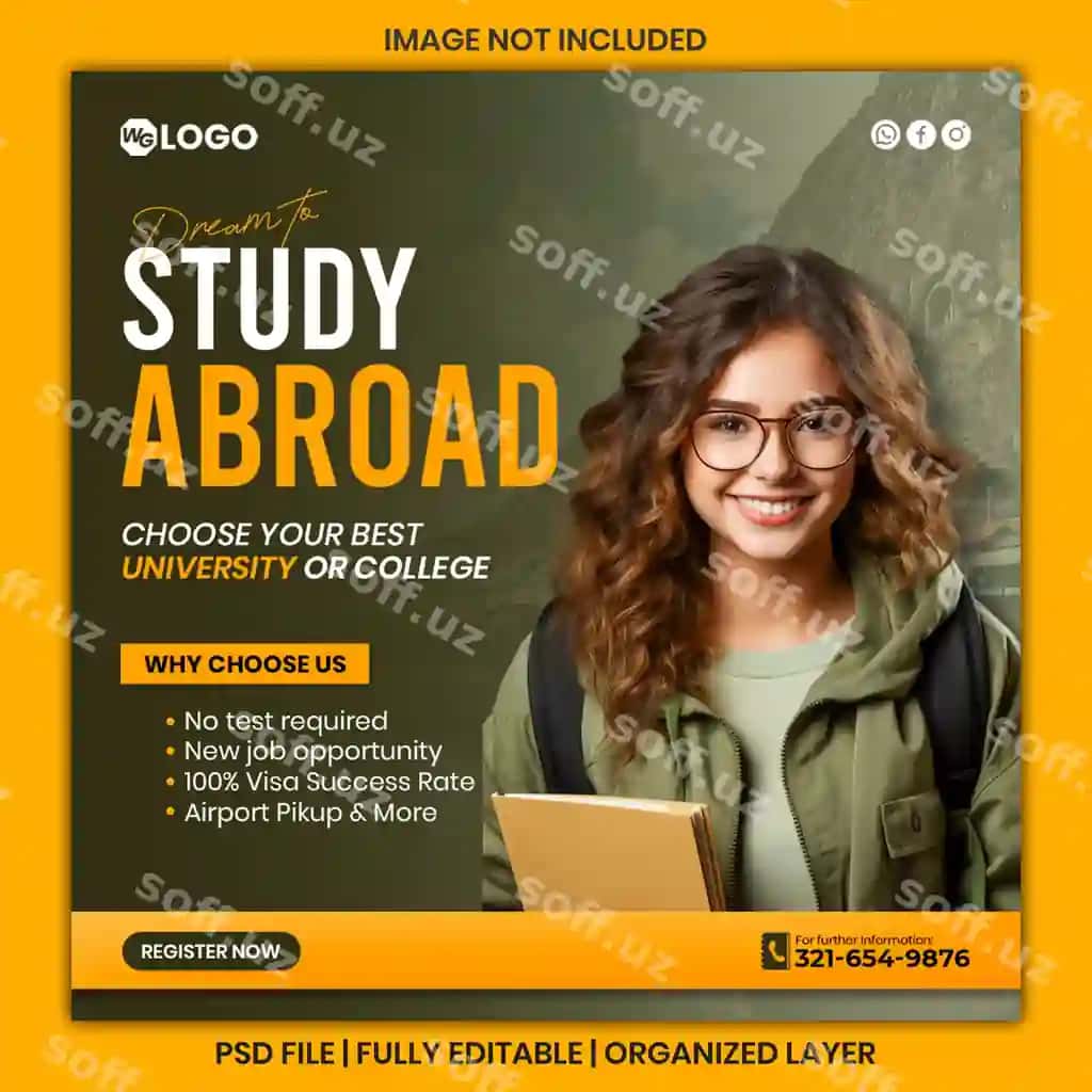 Chet ellarda o'quv kvadrat flyer ijtimoiy media posti reklama ijodkorlik Instagram | Study abroad square flyer social media post ad creative instagram