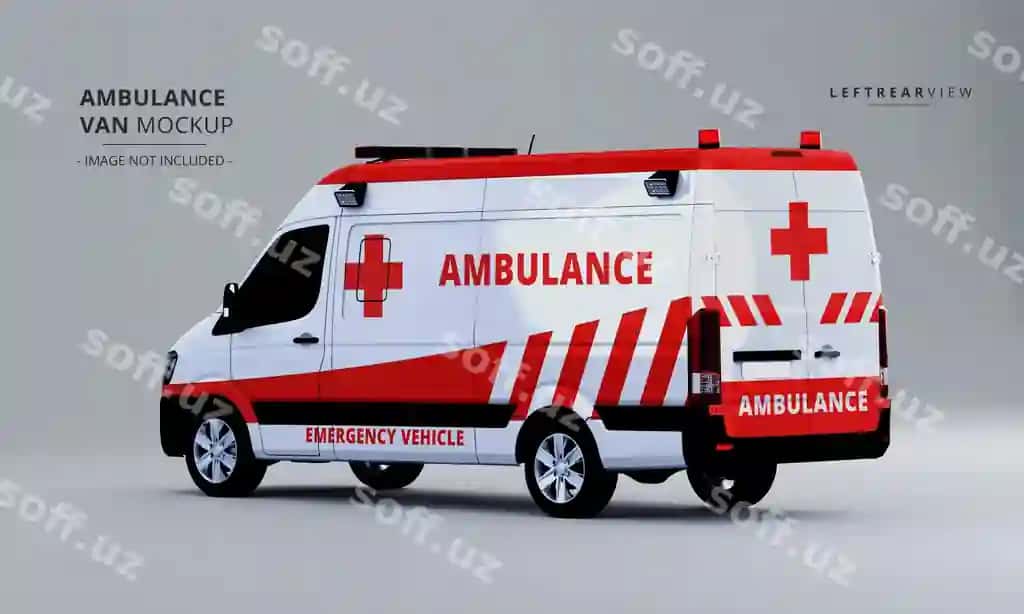 Haqiqiy hashamatli tez yordam furgon mashinasi chap orqa ko'rinishini soxtalashtirish | Realistic luxury ambulance van car mock up left rear view