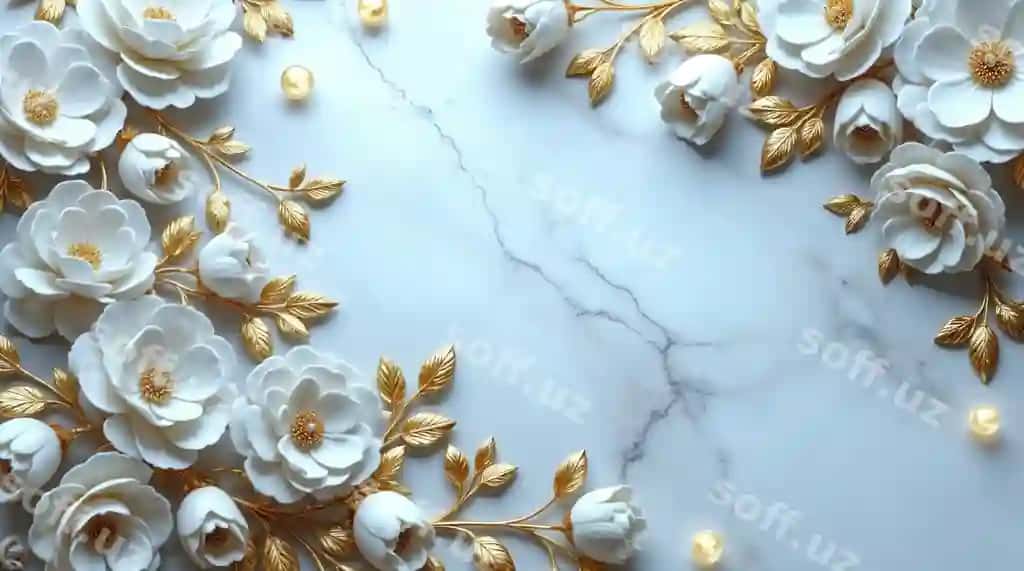Oq gulli oltin aksanlar bilan oqlangan gulli kompozitsiya | Elegant floral arrangement with white flowers gold accents