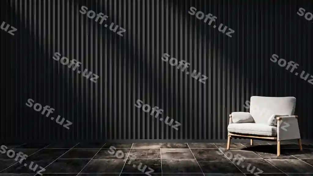 Qora chiziqli oq stulli qora devorli xona | Room with white chair black wall with black stripe