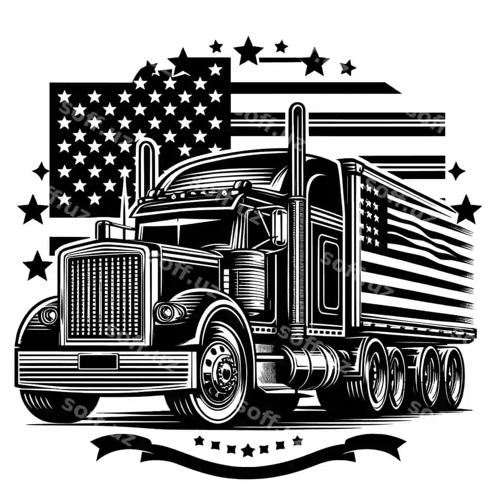 AQSh bayrog'i silueti tushirilgan yuk mashinasi vektor svg fayllari yarim yuk mashinasi svgusa | Truck with usa flag silhouette vector svg files semi truck svgusa