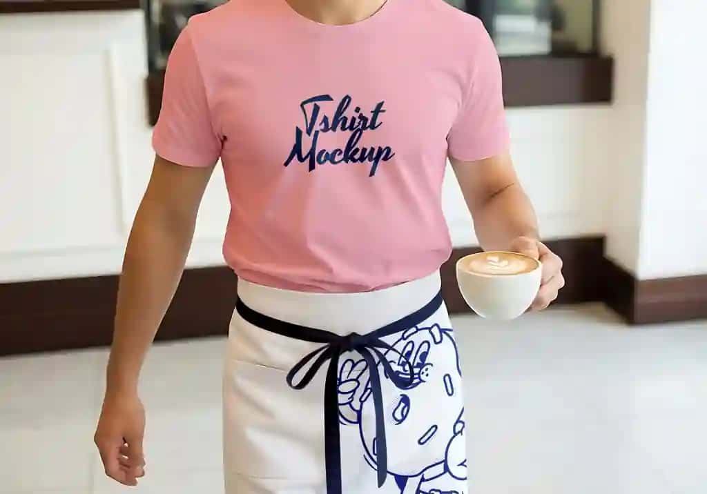 Pushti futbolka maketini kiygan erkak kofe stakanining kafe bezaklarini ushlab turibdi | Man wearing pink t shirt mockup holding coffee cup cafe setting
