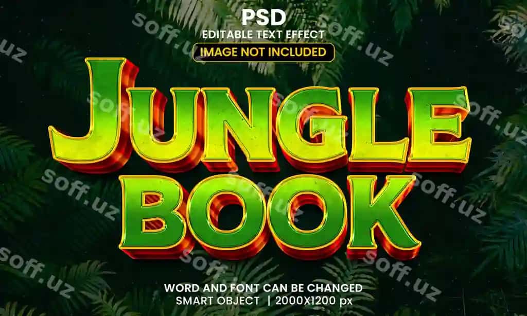 Jungle kitobi fon bilan 3D tahrirlanadigan matn effekti premium psd | Jungle book 3d editable text effect premium psd with background