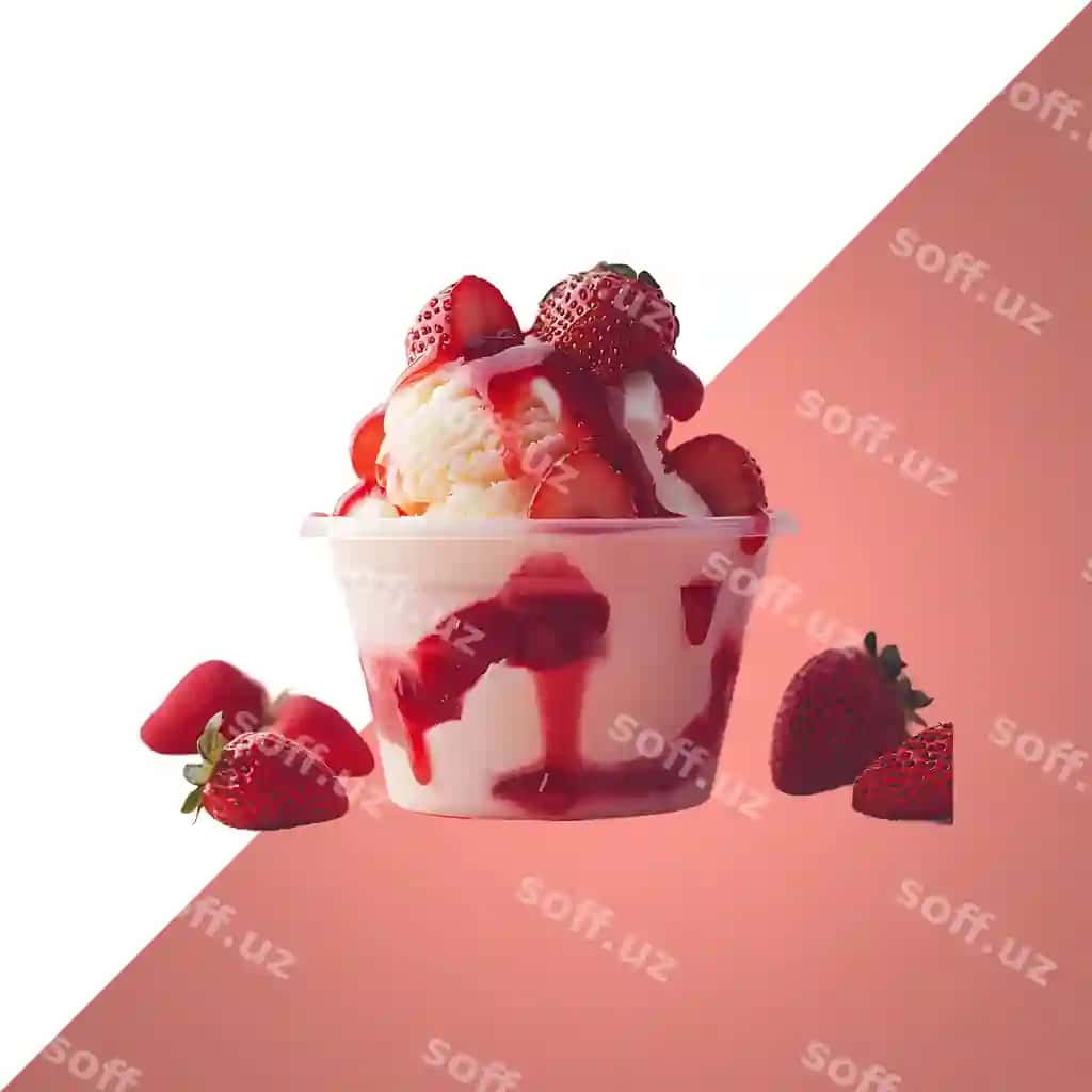 Plastik qozon muzqaymoq qurdiu bilan oq fon | Plastic bowl ice cream with strawberries white background