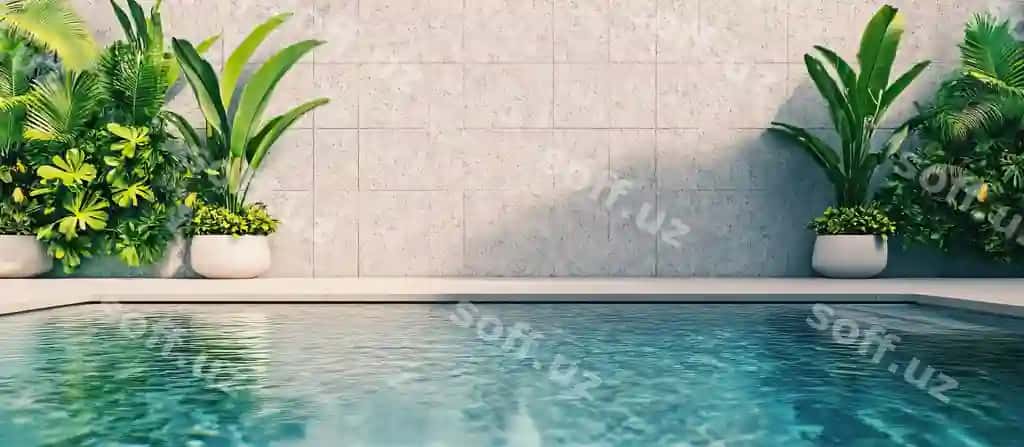 Yam-yashil o'simliklarga ega minimalist hovuz bo'yidagi voha | Minimalist poolside oasis with lush greenery