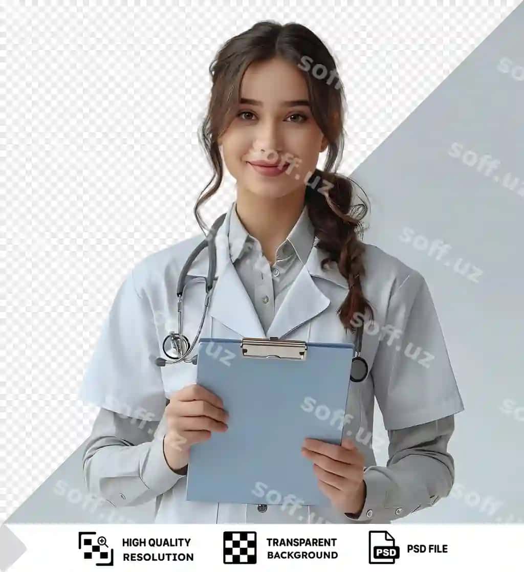 Gulchi paskaltarqat tutgan yosh ayollar shifokori kostyum kiygan yaxshi kiyilgan. | Smiling holding clipboard young female doctor wearing uniform fith
