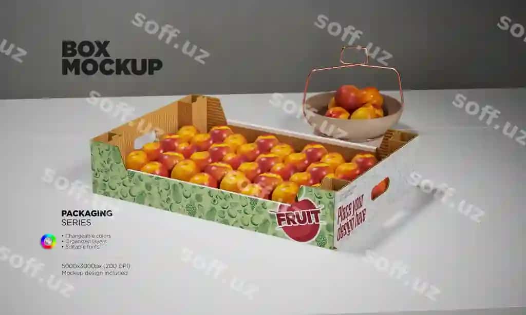 Karton patnis qutisi maket meva-sabzavotlar 3D renderlash | Cardboard tray box mockup fruits vegetables 3d rendering