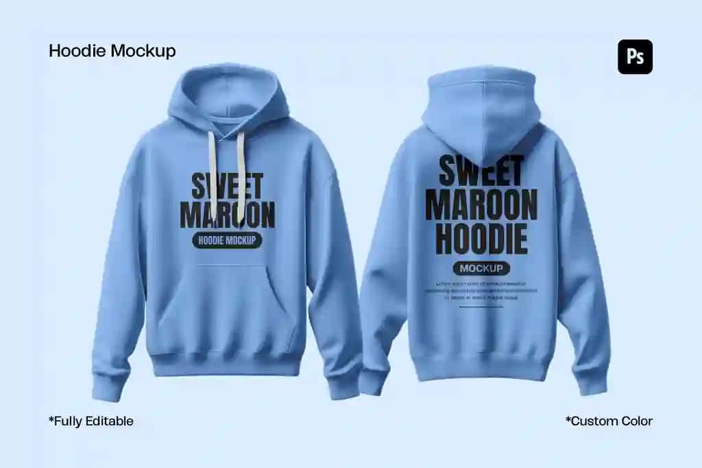 Oldindan orqa koʻrinishga ega haqiqiy ochiq koʻk qalpoqli maket shabloni | Realistic light blue hoodie mockup template with front back views