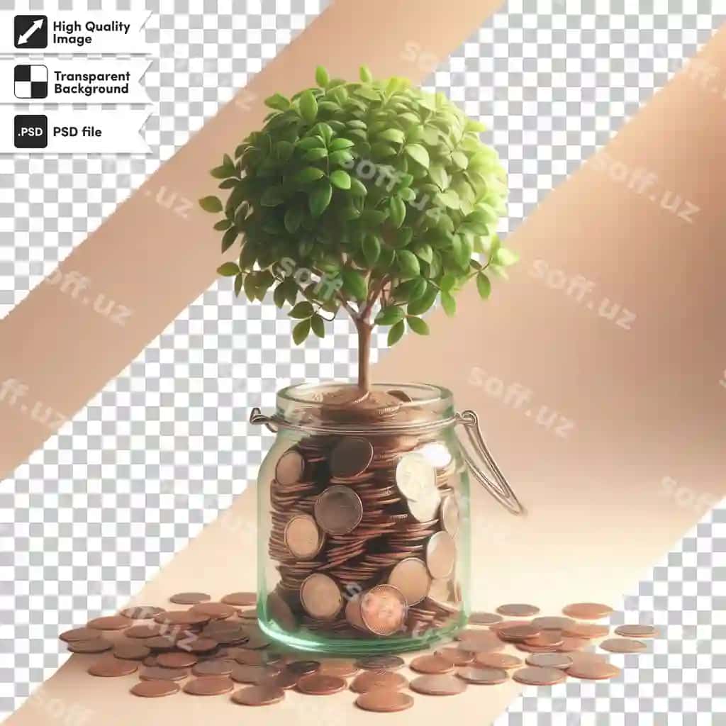 Psd o'simlik pul yig'ilgan stoldan o'sib chiqadigan shaffof fonda | Psd plant growing from pile coins table transparent background