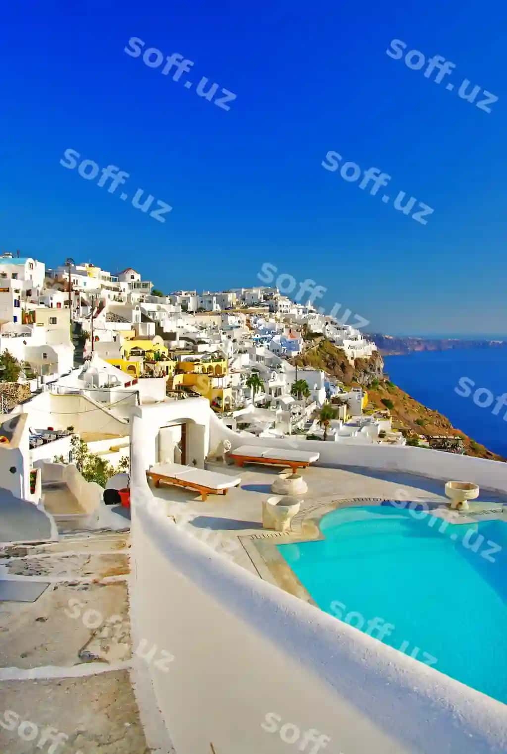 Yunanistan sayohati ajoyib Santorini oroli dam olishlari hashmli resport bilan bombolar Oia qishlog'i | Greece travel wonderful santorini island holidays luxury resort with swimming pool oia village