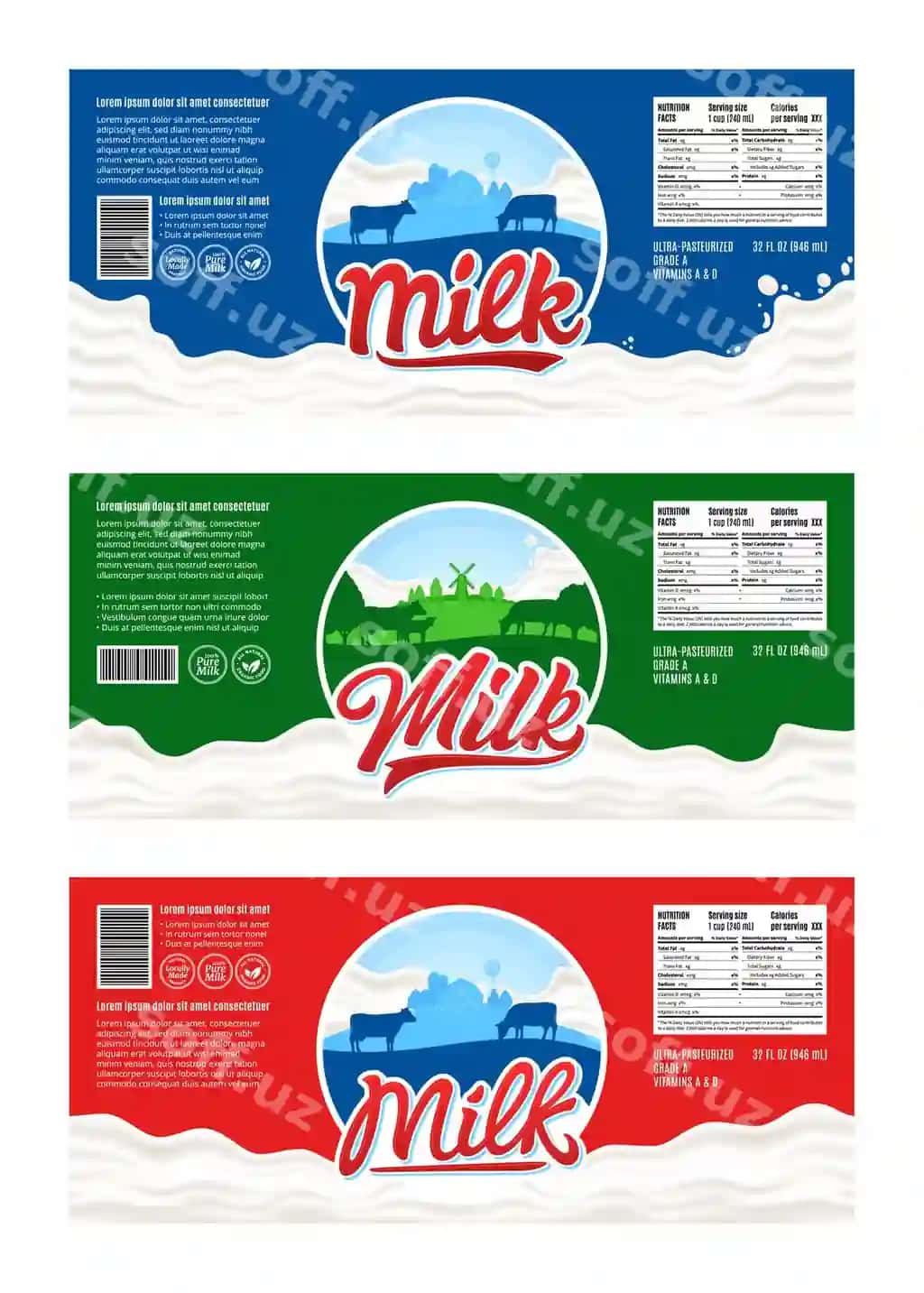 Gorizontal vektor sut etiketlarini oʻrnatish | Set horizontal vector milk labels 2