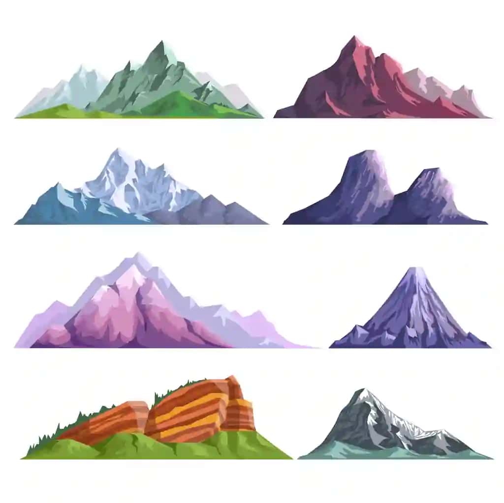 Tog' qoyalari alp tog'i tepaliklari tabiat tekis izolyatsiya qilingan piktogramma to'plami | Mountain rocks alpine mount hills nature flat isolated icons set