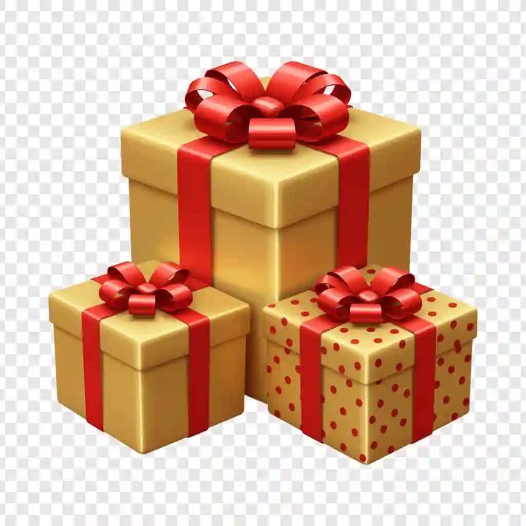 Shaffof fonda qizil lentali uchta oltin sovg'a qutisi | Three golden gift boxes with red ribbons transparent background