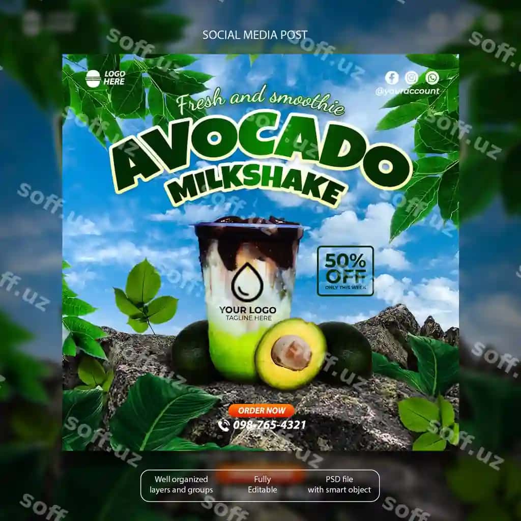 Avokado smetana ichimligi ijtimoiy tarmoqlar posti | Avocado milkshake social media post