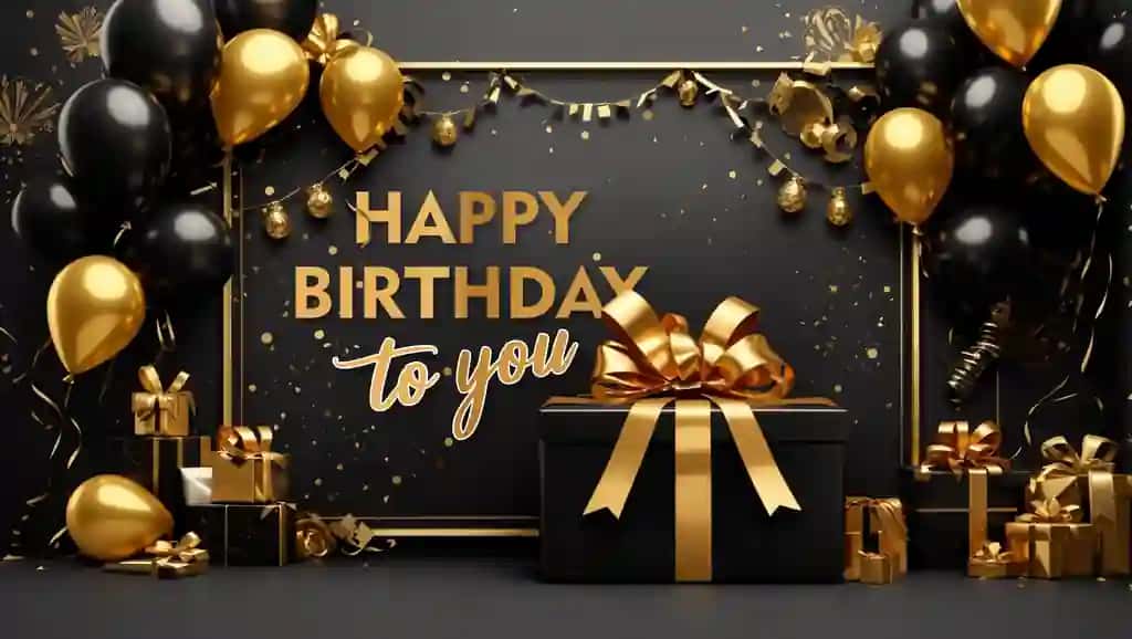 Tug'ilgan kuningiz bilan tabriklash banneri nafis oltin sharli sovg'a qutilari | Happy birthday banner with elegant golden balloon giftboxes