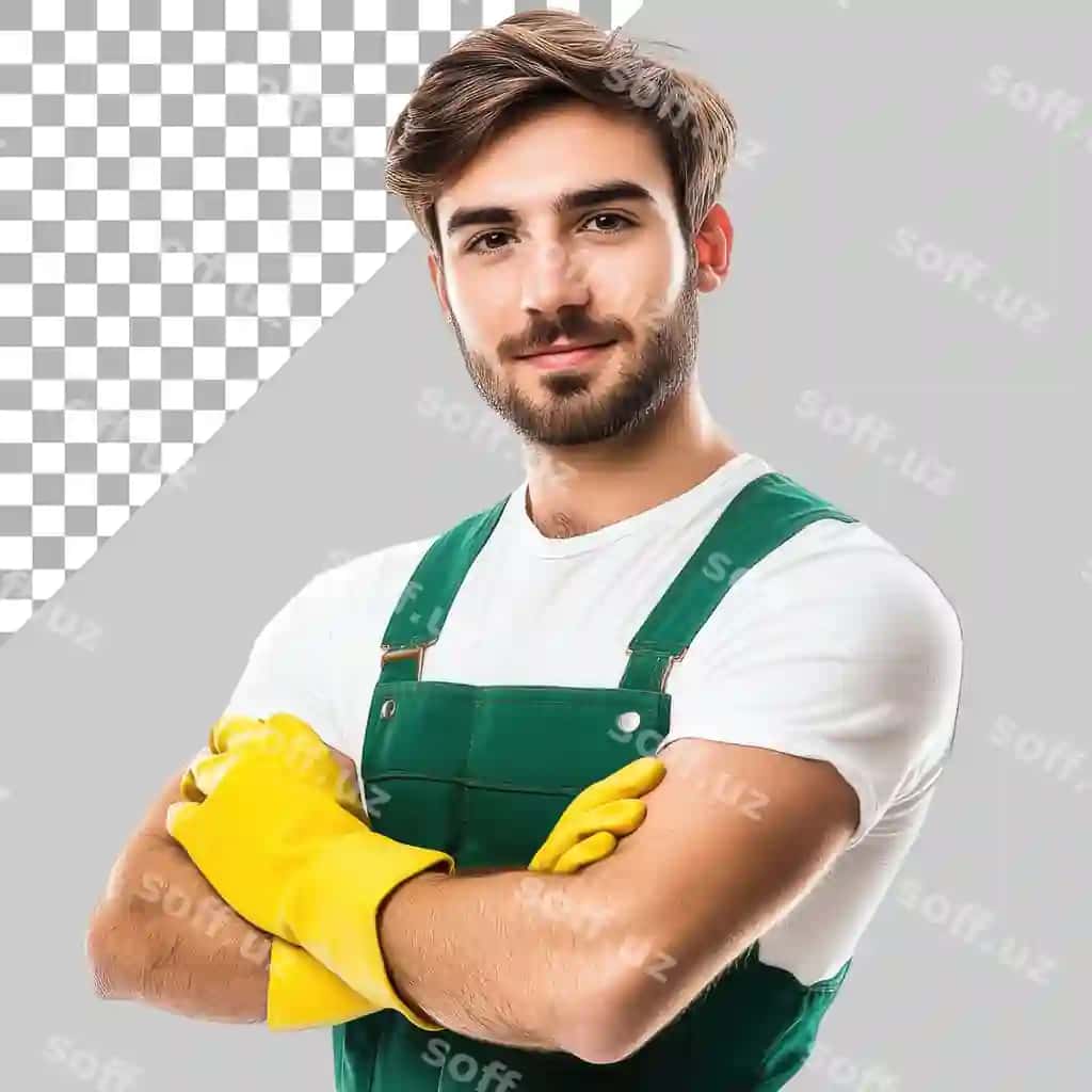 Fotosurat chiroyli yigit yashil kombinezonli sariq qo'lqopli qo'llari bilan | Photo handsome young man green overalls yellow gloves with his arms