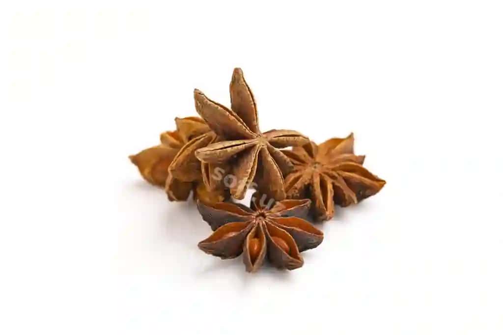 Yulduz choyi bahorat meva tozalari ajraltirilgan oq yuz yaxin surat | Star anise spice fruits seeds isolated white surface closeup