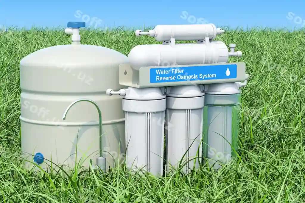 Teskari osmoz tizimi yashil chaman ko'k osmon fonida 3d render | Reverse osmosis system green grass against blue sky 3d rendering