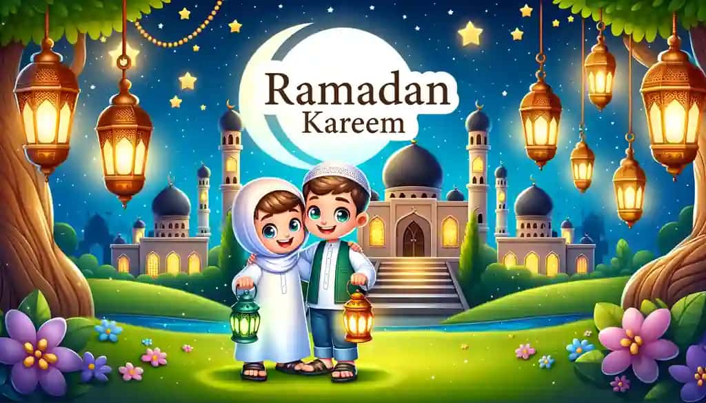Ramazon tabriknomasi multfilmi uslubidagi bolalar masjidning old tomonida chiroq tutmoqda | Ramadan greeting card cartoon style with children holding lantern front mosque