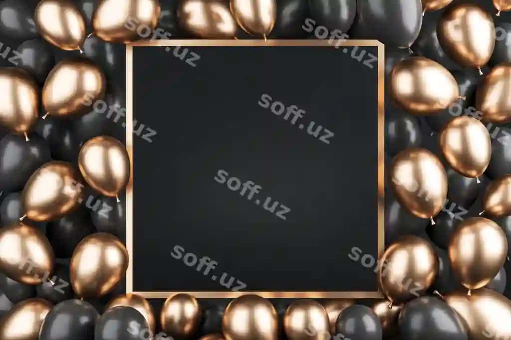 Bo'sh qora ramka atrofidagi qora oltin sharlar 3D renderlash | Black gold balloons surrounding blank black frame 3d rendering