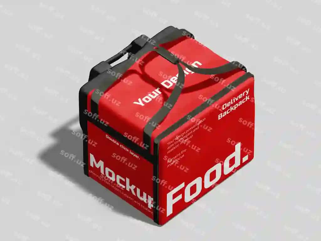 Qizil yetkazib berish uchun ryukzak maketli oziq-ovqat tashish | Red delivery backpack mockup food transportation