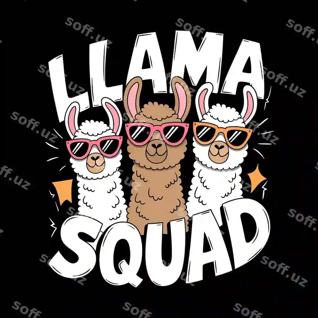 Qalin qora fonli uchta zamonaviy lama ko'zoynaklari o'ynoqi tasvir | Three stylish llamas sunglasses playful illustration with bold black background
