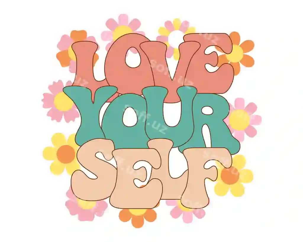 Harflar o'zingni sev retro gulli orqa fonda qo'l bilan chizilgan kalligrafik | Lettering love yourself retro floral background hand drawn calligraphic