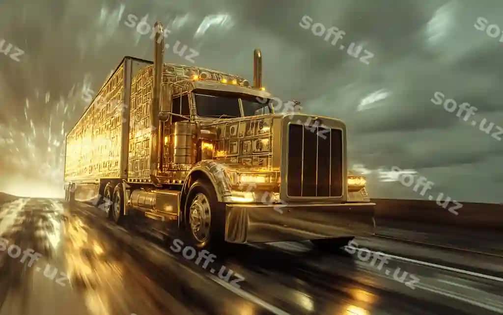 Katta yuk avtomobili sariq kabinasi bilan yo'l bo'yi harakat qiladi. | Large truck with yellow cab drives down road