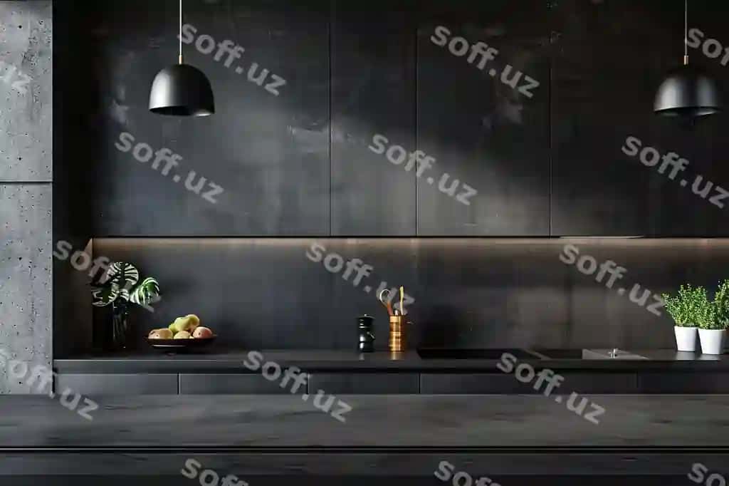 Old tomondan bo'sh kulrang devor bilan qorong'i oshxona ichki ko'rinishi | Front view dark kitchen interior with empty grey wall
