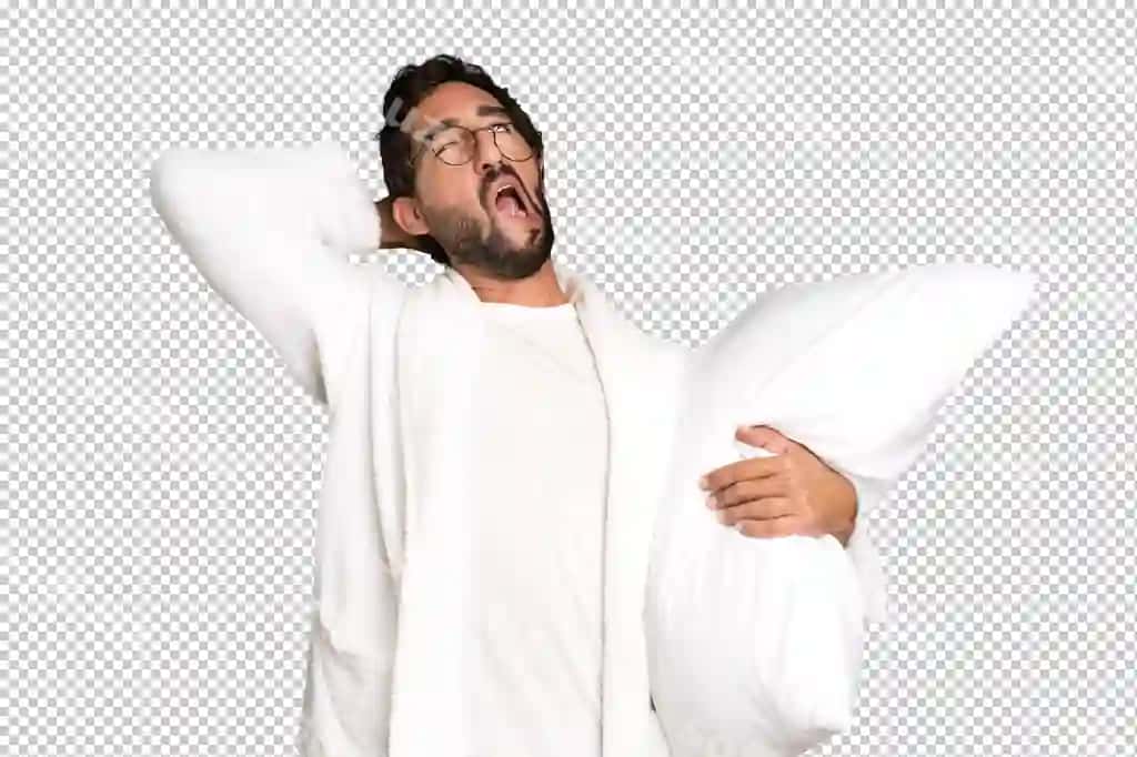 Yosh aqlsiz sochli ifodalovchi erkak bathroba pillo kiygan | Young crazy bearded expressive man wearing bathrobe pillow