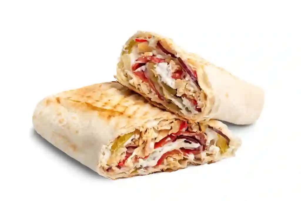 Tovuq shaurma doner kebab burrito to'ldirish ajraltirilgan oq fonda | Chicken shawarma doner kebab burrito filling isolated white background