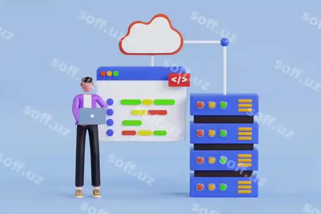 Serverlarni muhandis tomonidan boshqarish 3D illustratsiyasi | Server management by engineer 3d illustration