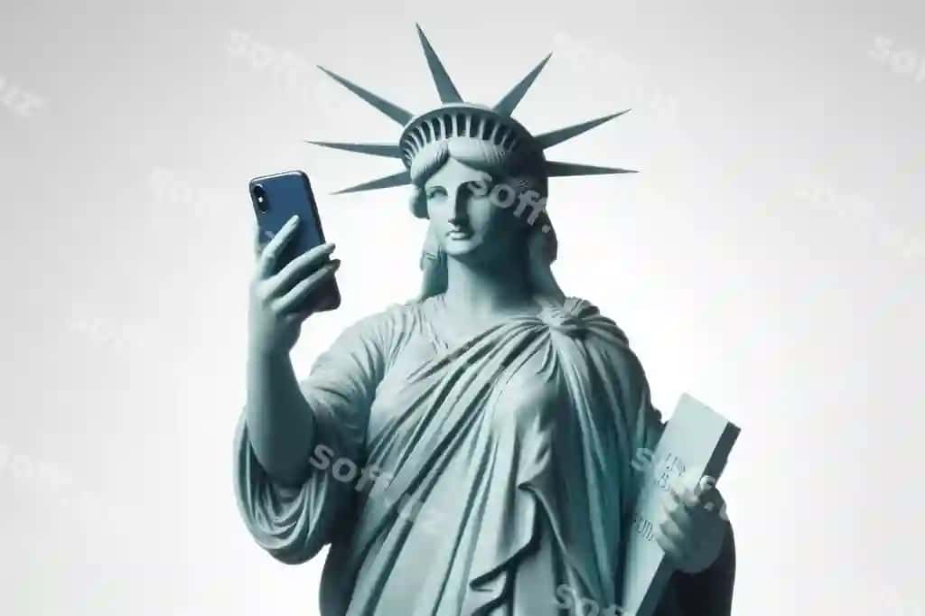 Erkinlik statuyasi telefon bilan qozon oq fon | Statue liberty with phone hand white background
