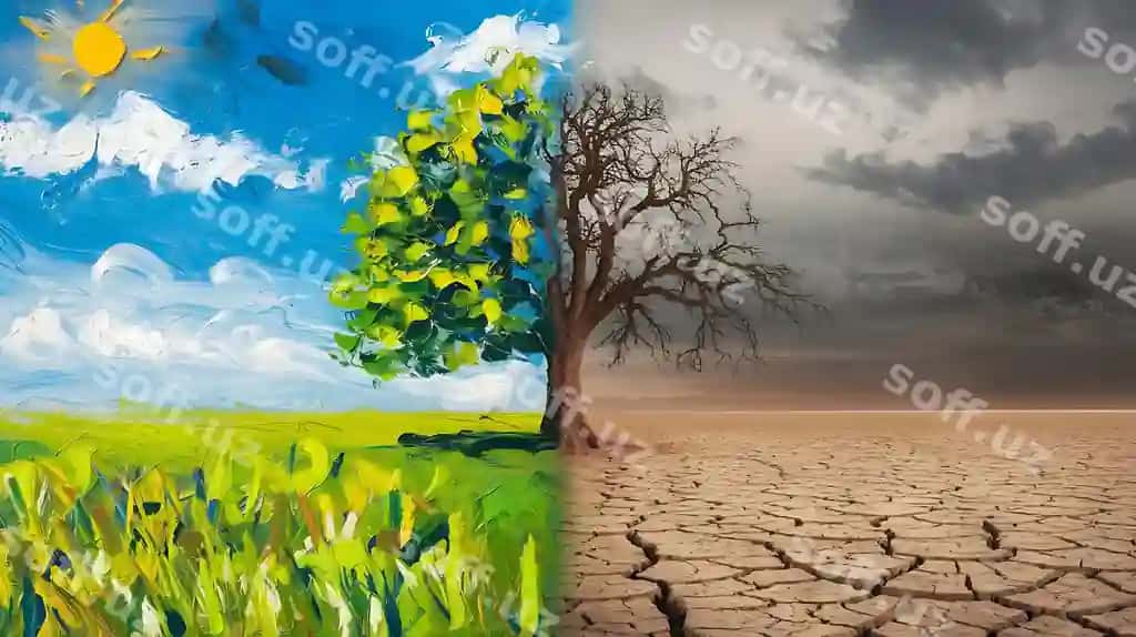 Dramatlik bo'lingan manzilma ifodalovchi atrof-muhit farqi bilim kuni | Dramatic split landscape depicting environmental contrast awareness day