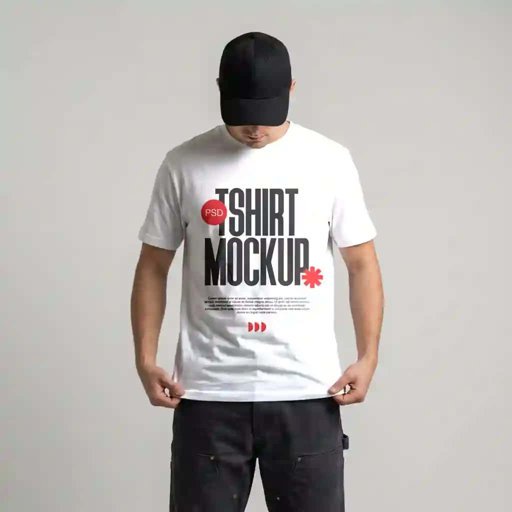 Haqiqiy oq futbolka maketi qora qalpoqli erkak modeli | Realistic white t shirt mockup male model with black cap