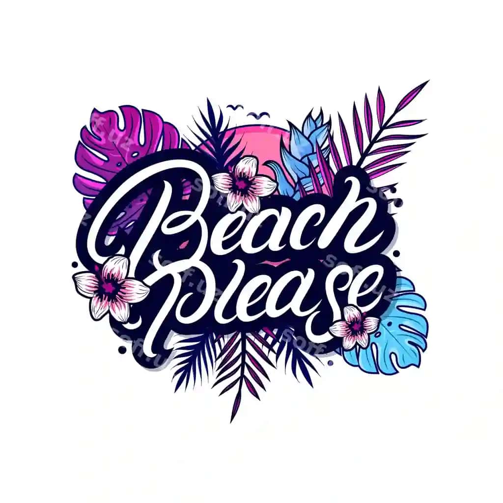 Plyaj, iltimos, palma monstera barglari bilan yozilgan qo'l yozuvi | Beach please hand written lettering with palm monstera leaves