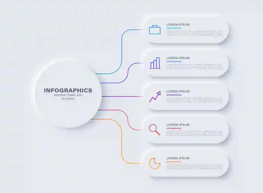 Neymorfizm dizayni infografikasi besh variantli diagramma | Neumorphism design infographic five option chart