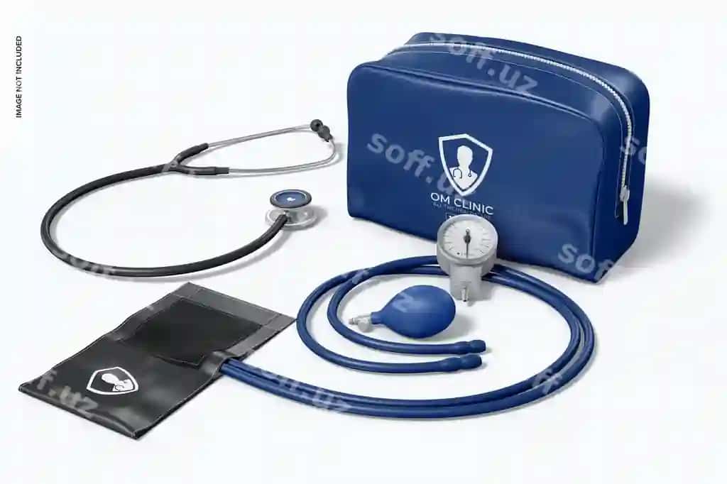 Klassik qon bosimi monitori to'plamining maketi istiqboli | Classic blood pressure monitor kit mockup perspective