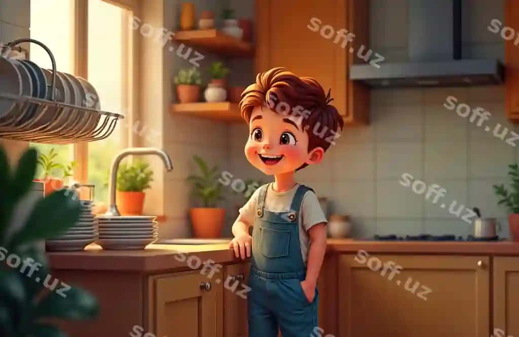 Yoqimli bola zamonaviy oshxonada jilmayib qo'yadi, u bolalar kundalik kiyimlari lavabosi yonida turibdi | Cute boy smiles modern kitchen he stands near sink plate rack child casual clothes