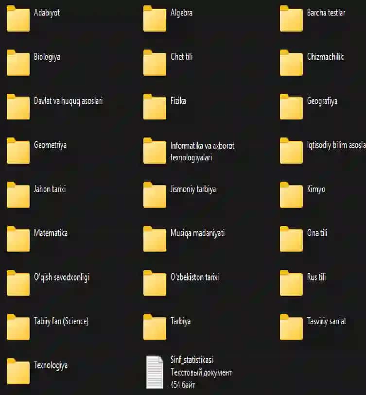 9-sinf o`quvchilar va o`qituvchilar uchun, har bir fan uchun darsliklar va testlar, to`plami.