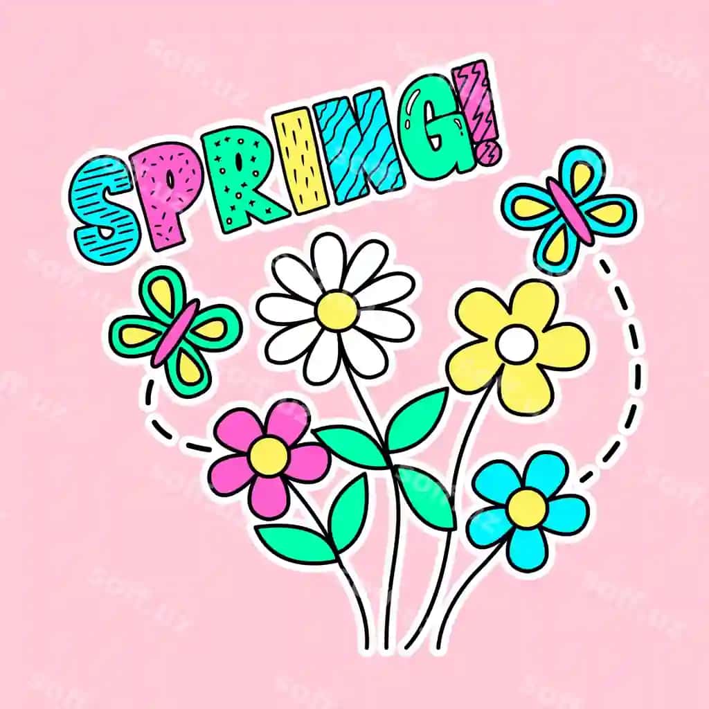 Vektor bahor rangli matn gulat va keltaklar bilan | Vector spring colorful text with flowers butterflies