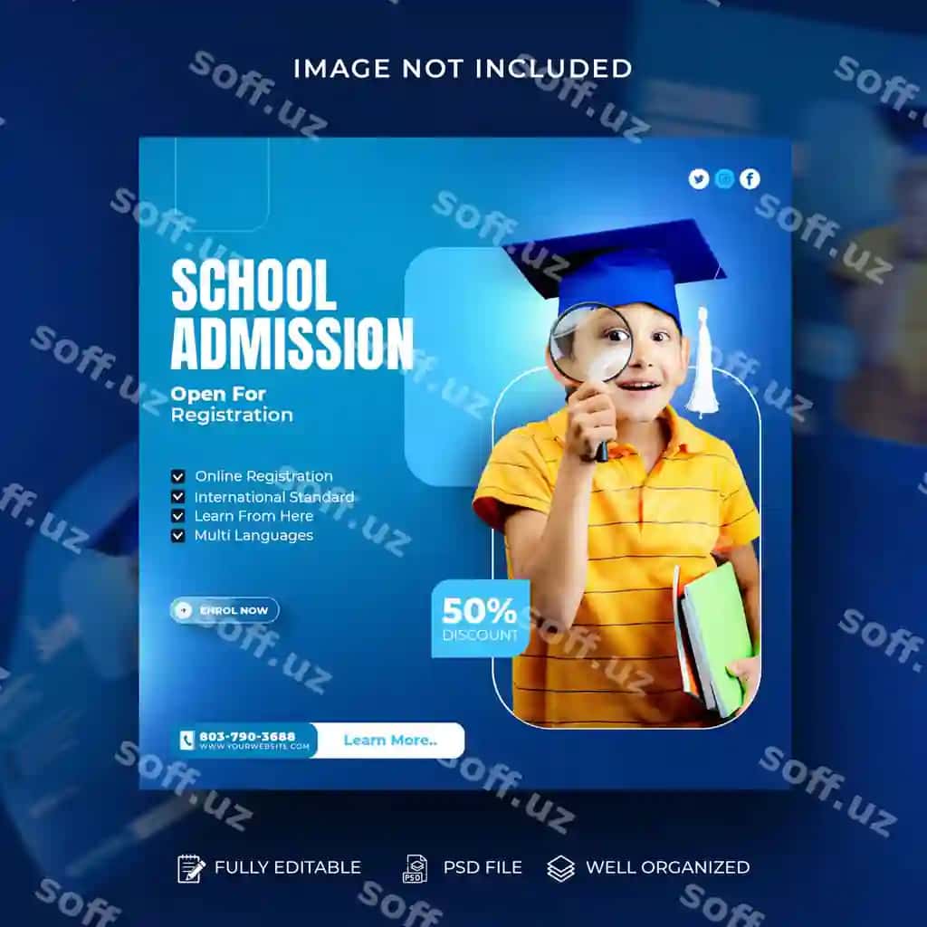 Bolalar maktabiga kirish uchun ijtimoiy media instagram post banner shablonlari | Kids school admission social media instagram post banner template