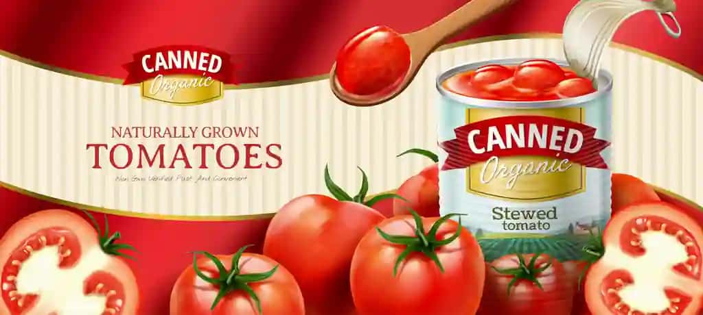 Yangi sabzavotlar bilan konservalangan pomidor reklamalari oddiy to'lqinli fon 3D | Canned tomato ads with fresh vegetables simple wavy background 3d