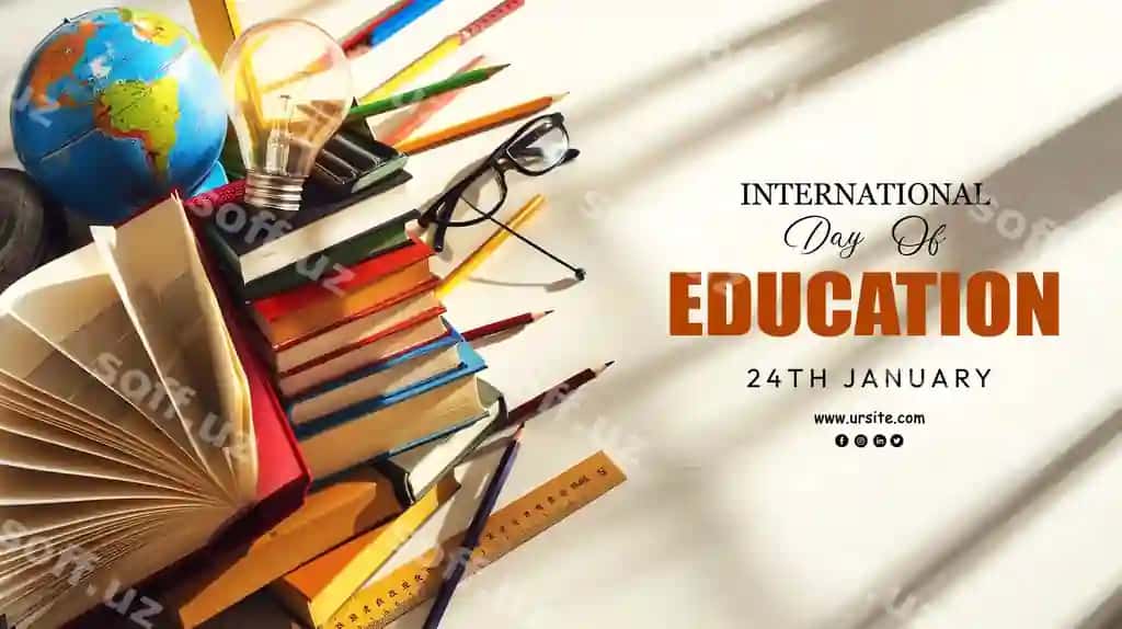 Maktab elementlari tushirilgan Xalqaro ta'lim kuni banneri | International education day banner with school elements