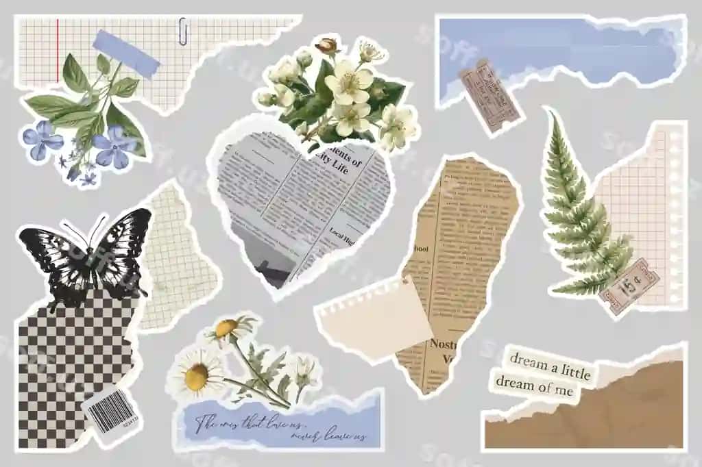 Moda collage stikerlari komplekti vektor kolleksiyasi yirtilgan gazeta retro | Trendy collage stickers set vector collection torn newspaper retro